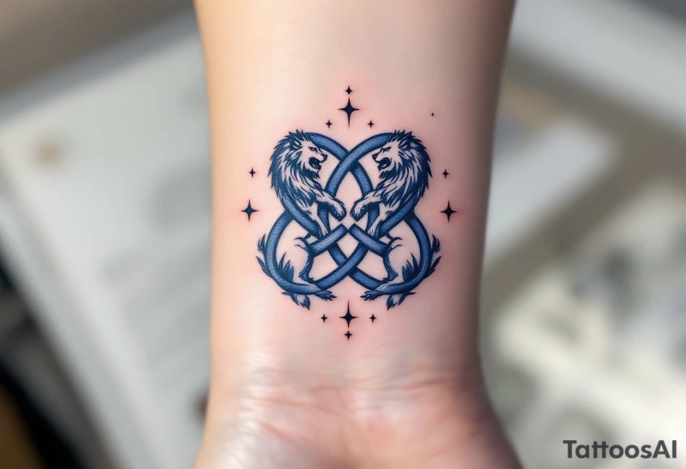 A midnight blue infinity knot interlaced with stars and guarded by two facing guardian lions. tattoo idea