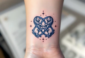 A midnight blue infinity knot interlaced with stars and guarded by two facing guardian lions. tattoo idea