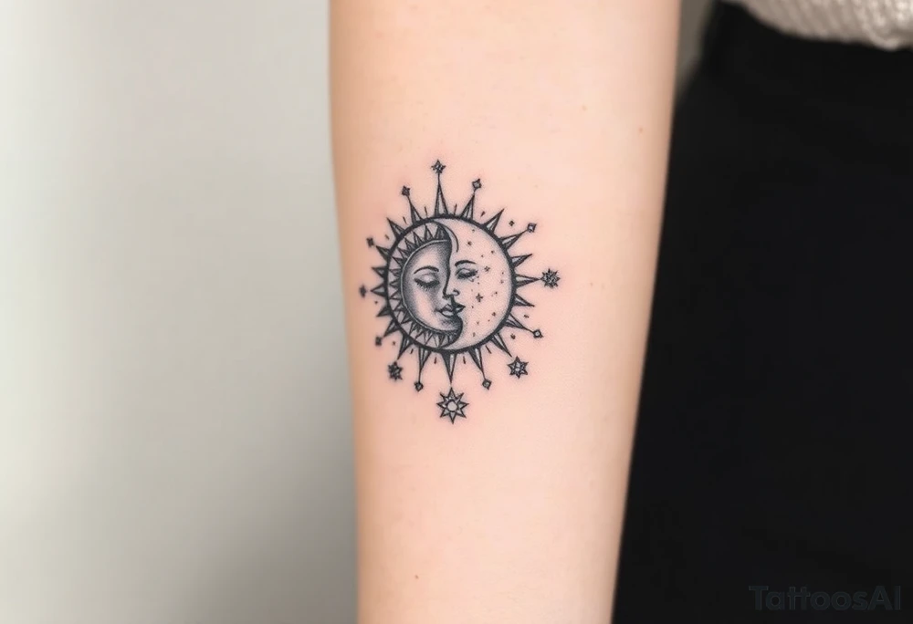 celestial sun and moon embrace with constellation patterns tattoo idea