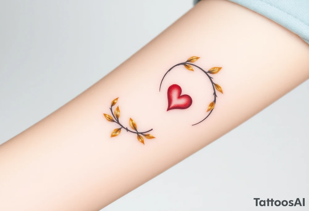 A infinity loop adorned with golden leaves and a tiny red heart tattoo idea