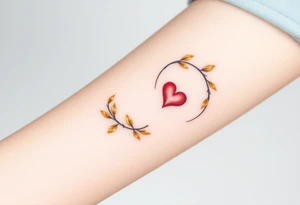 A infinity loop adorned with golden leaves and a tiny red heart tattoo idea