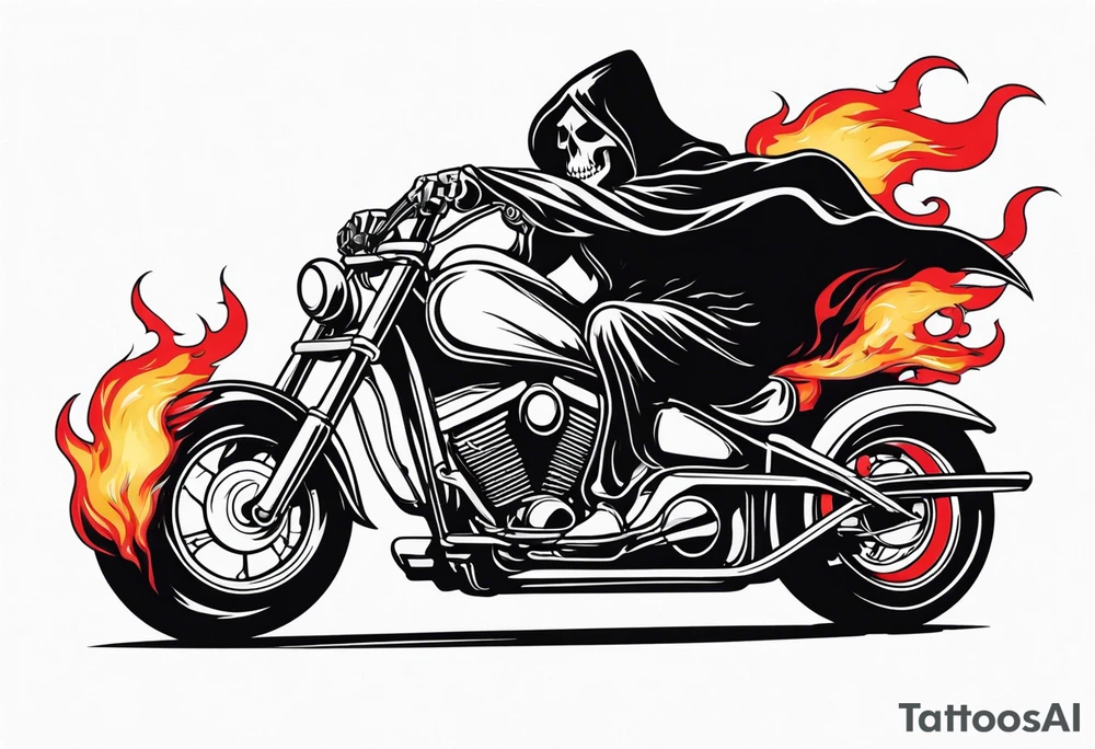 Grim Reaper on motorcycle on fire with red glowing eyes tattoo idea