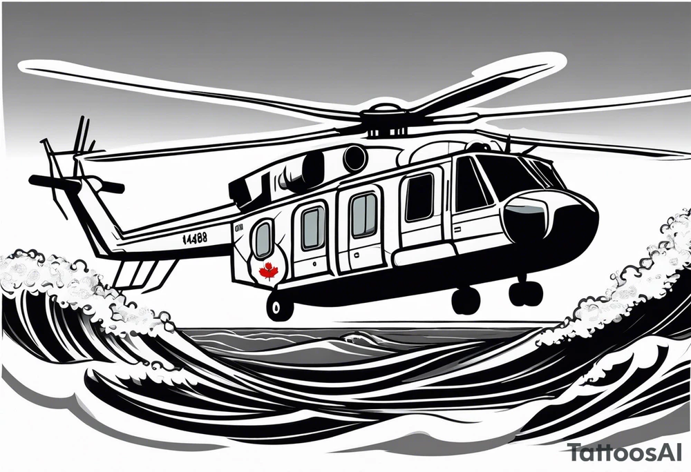 Canadian military grey CH-148 Cyclone helicopter soaring low over rough, ocean waves. A poppy flower be prominently displayed tattoo idea