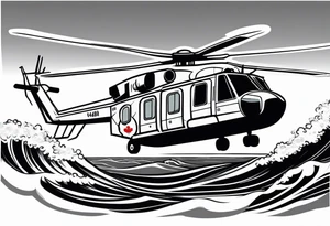 Canadian military grey CH-148 Cyclone helicopter soaring low over rough, ocean waves. A poppy flower be prominently displayed tattoo idea