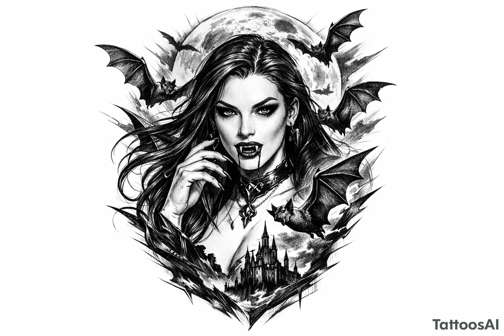 female vampire,bats,moon. tattoo idea