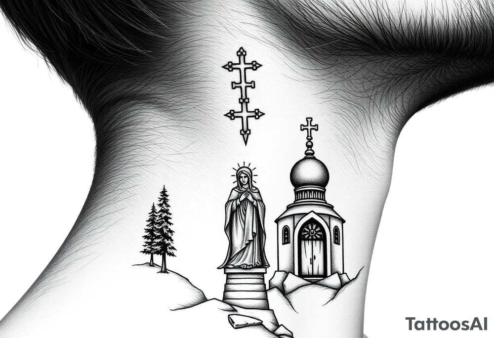 russian coat arms traditional christian orthodox cross with a virgin mary stood in the entrance of a russian orthodox dome church on the side of the neck in a wilderness setting tattoo idea