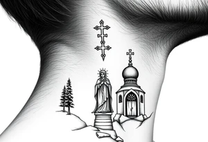 russian coat arms traditional christian orthodox cross with a virgin mary stood in the entrance of a russian orthodox dome church on the side of the neck in a wilderness setting tattoo idea