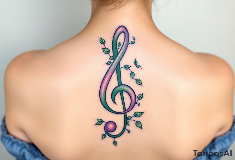 treble clef with vines growing around it, in shades of green, light pink, and soft purple tattoo idea