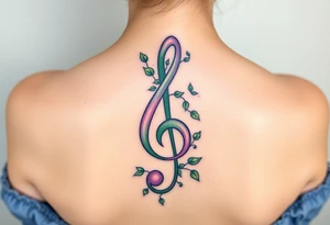 treble clef with vines growing around it, in shades of green, light pink, and soft purple tattoo idea