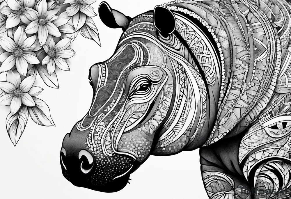 Hippo, flowers, moon, interstella,
fine lines, tribal, geometric, japanese tattoo idea
