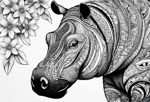 Hippo, flowers, moon, interstella, 
fine lines, tribal, geometric, japanese tattoo idea