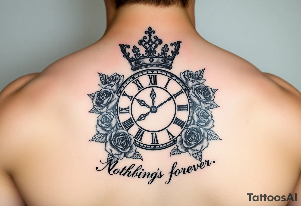 Roman clock with a crown, surrounded by 3 roses and a quote that says nothings forever tattoo idea