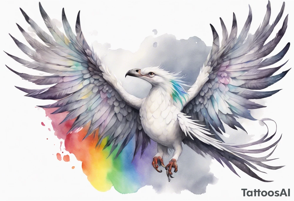 a watercolor of a white bird-serpent hybrid wearing a grey crown, with rainbow wing feathers, flying in the sky tattoo idea