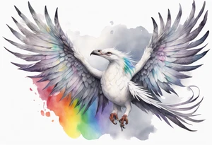 a watercolor of a white bird-serpent hybrid wearing a grey crown, with rainbow wing feathers, flying in the sky tattoo idea
