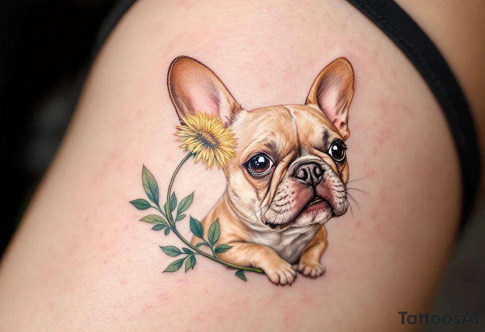 French Bulldog sniffing a dandelion, gentle expression, coat in warm fawn tones with soft green and yellow flower details. tattoo idea