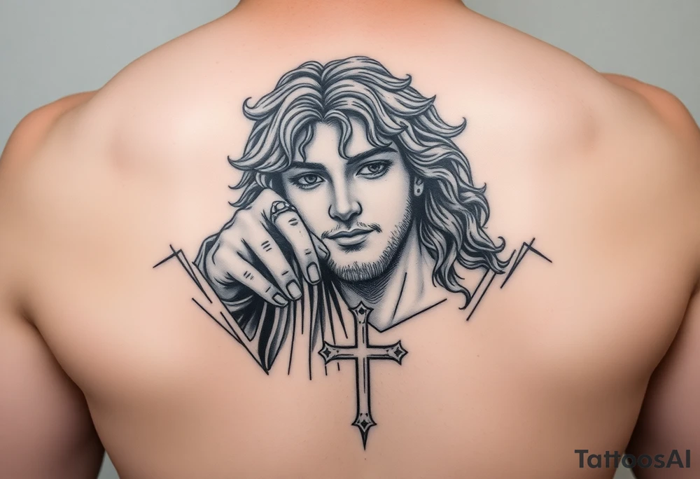i want a picture of a teenage boy around 17 thats mix and has curly hair falling into the ebassy but jesus reaching down grabbing his hand with a cross in the mix tattoo idea