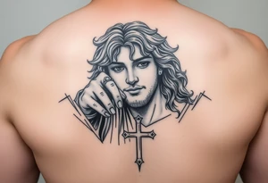 i want a picture of a teenage boy around 17 thats mix and has curly hair falling into the ebassy but jesus reaching down grabbing his hand with a cross in the mix tattoo idea