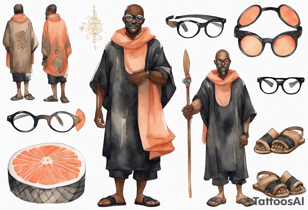 a middle-aged medieval black man wearing round glasses, wearing salmon cloak over a black tunic, wearing sandals tattoo idea