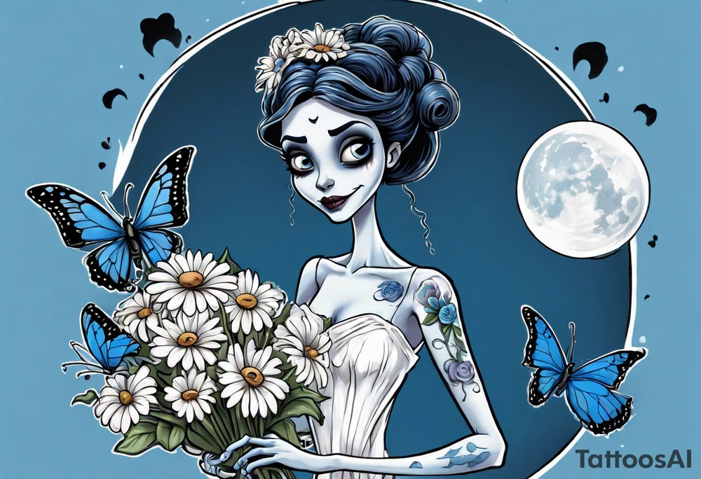 corpse bride Emily wearing a wedding dress she is holding a bouquet of flowers. one white daisy in the middle of the bouquet. one blue butterfly. A full moon on the background. full grown tattoo idea