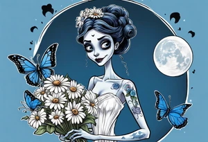 corpse bride Emily wearing a wedding dress she is holding a bouquet of flowers. one white daisy in the middle of the bouquet. one blue butterfly. A full moon on the background. full grown tattoo idea