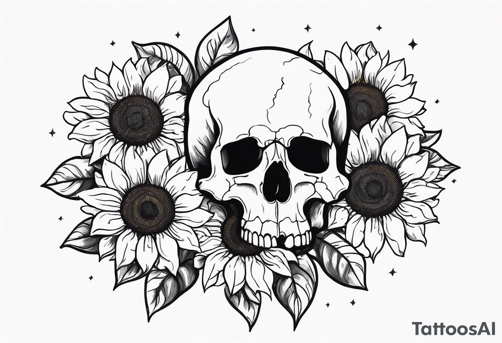 skull surrounded by sunflowers tattoo idea