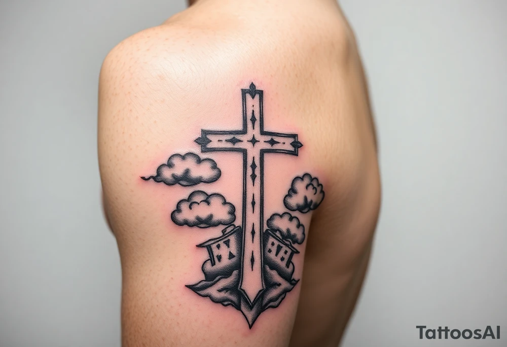 outer forearm sleeve with a cross clouds and make it catchy for teenagers tattoo idea