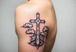 outer forearm sleeve with a cross clouds and make it catchy for teenagers tattoo idea