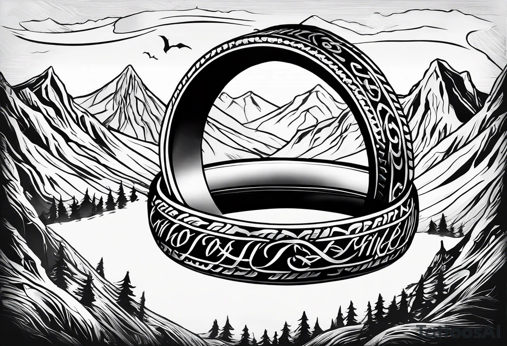 lord of the rings ring lettering with mountains above it and silhouette image of the fellowship of the ring on their travels under that tattoo idea