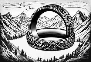 lord of the rings ring lettering with mountains above it and silhouette image of the fellowship of the ring on their travels under that tattoo idea