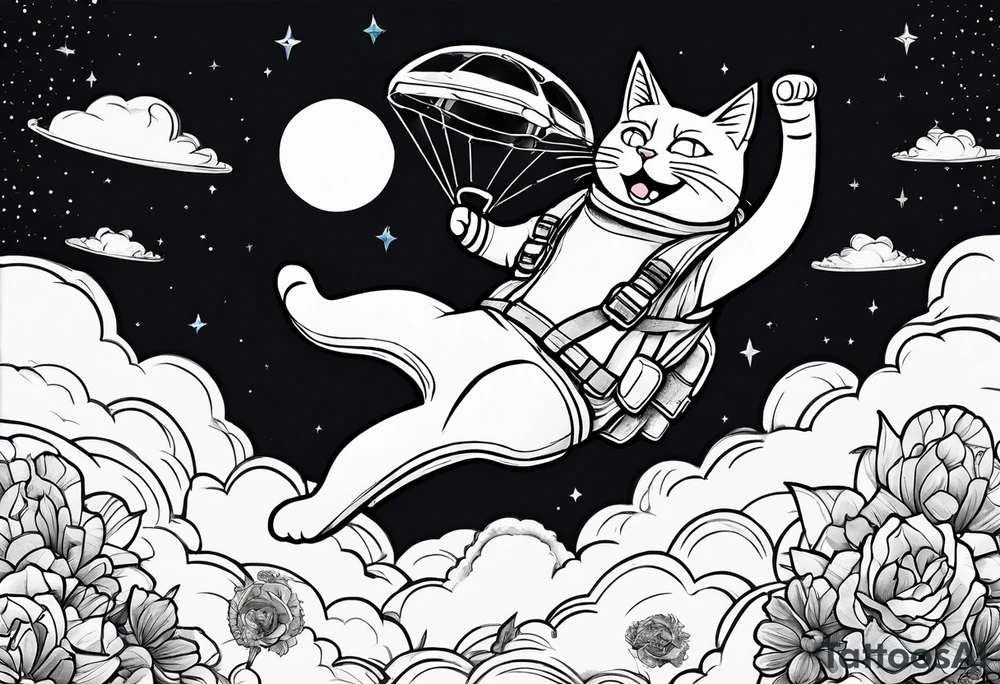 cat going skydiving with parachute in the rick and morty style tattoo idea