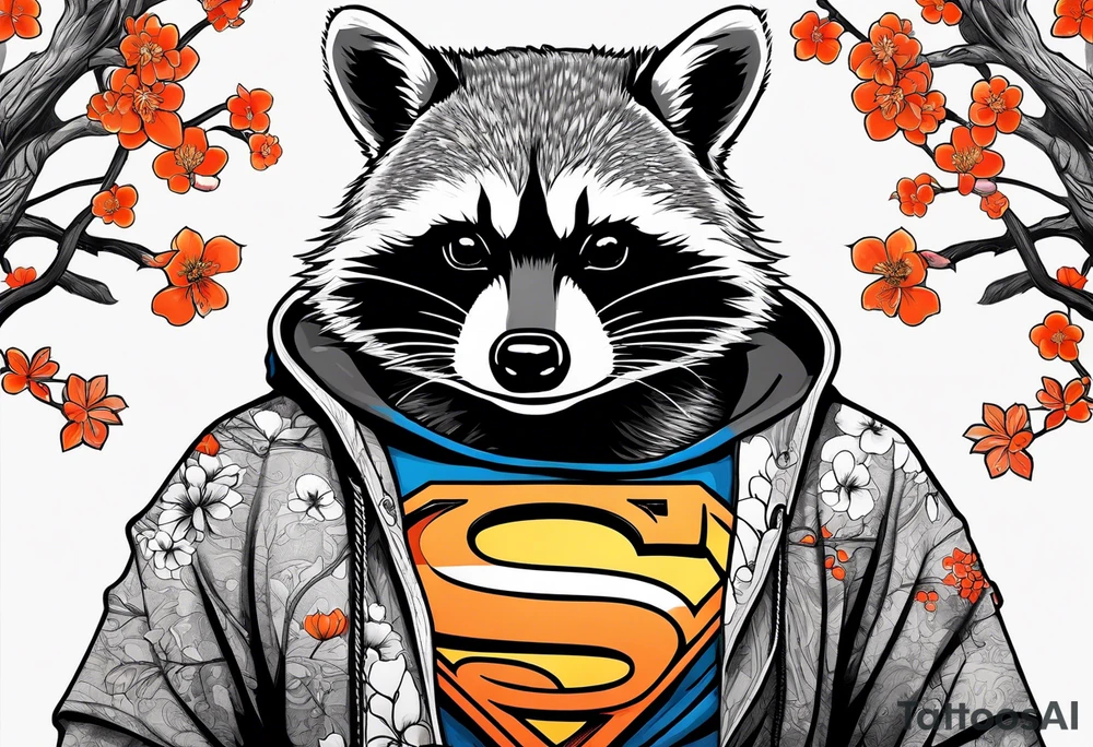 raccoon wearing a Superman hoodie with black and white logo and orange Japanese cherry blossoms tattoo idea