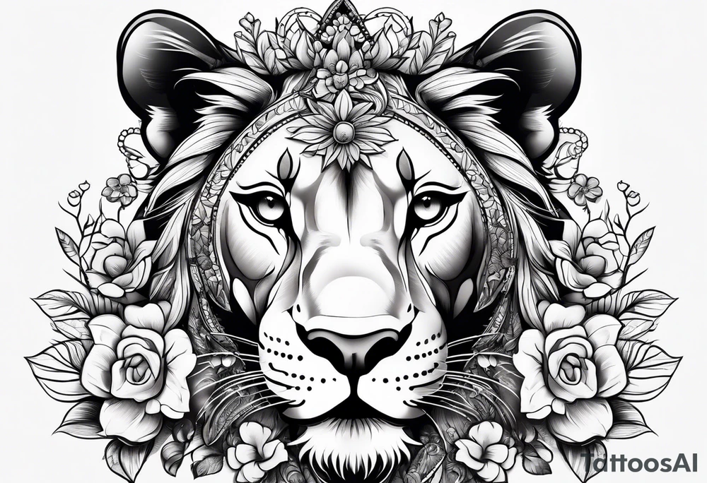 lioness head with with floral head tattoo idea