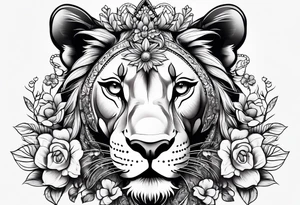 lioness head with with floral head tattoo idea