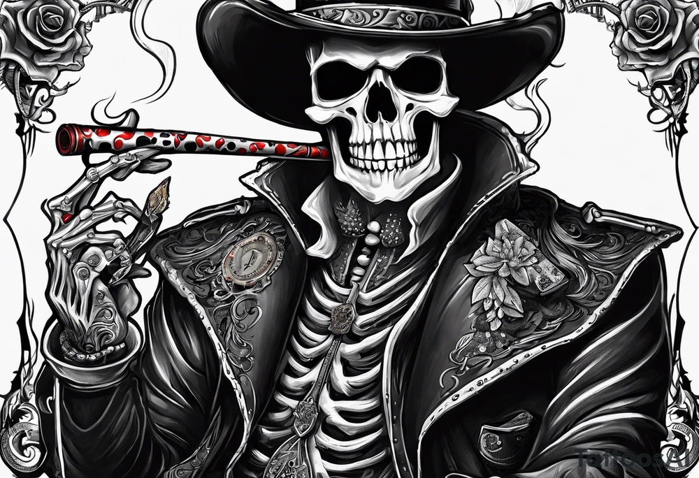 Phrase: "Don't deal with the devil"
skeleton smoking cigar with poker chips, dealing the cards tattoo idea