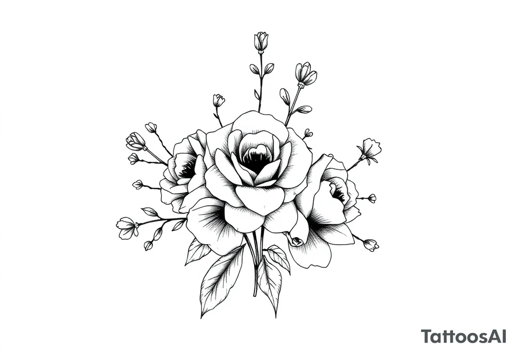 vintage bouquet of wild roses and meadow flowers with morning dew tattoo idea