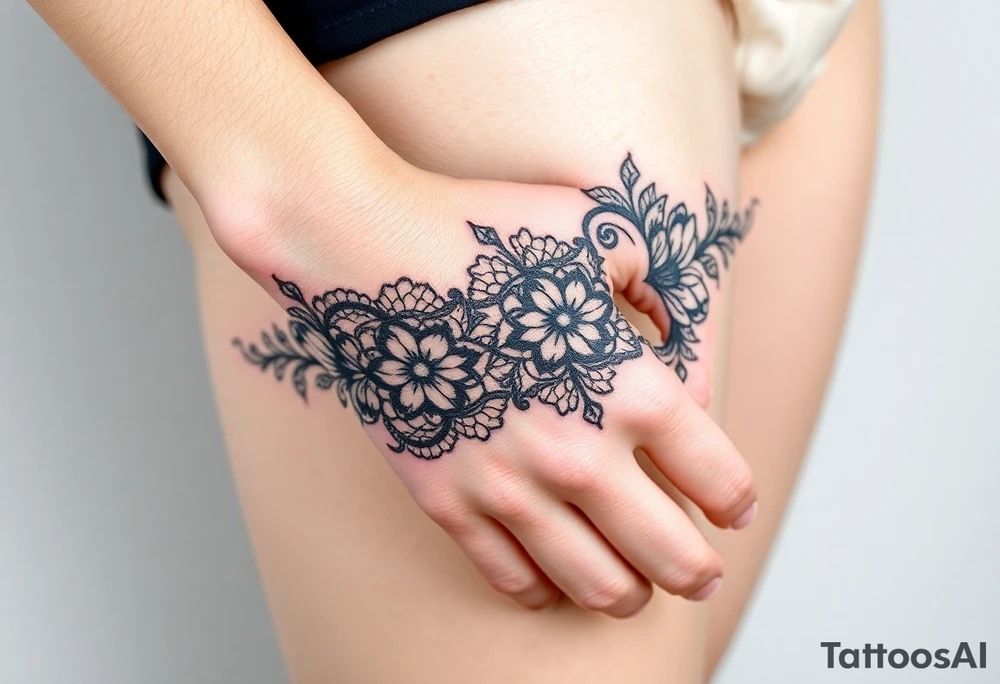 A delicate black lace band wrapped around the wrist, featuring intricate floral and filigree patterns tattoo idea