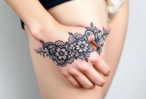 A delicate black lace band wrapped around the wrist, featuring intricate floral and filigree patterns tattoo idea