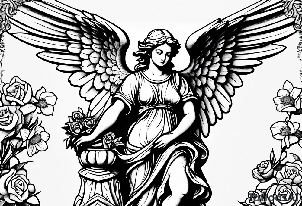 Simple Angel statue stood on a rock with daffodils and roses wrapped around its legs tattoo idea