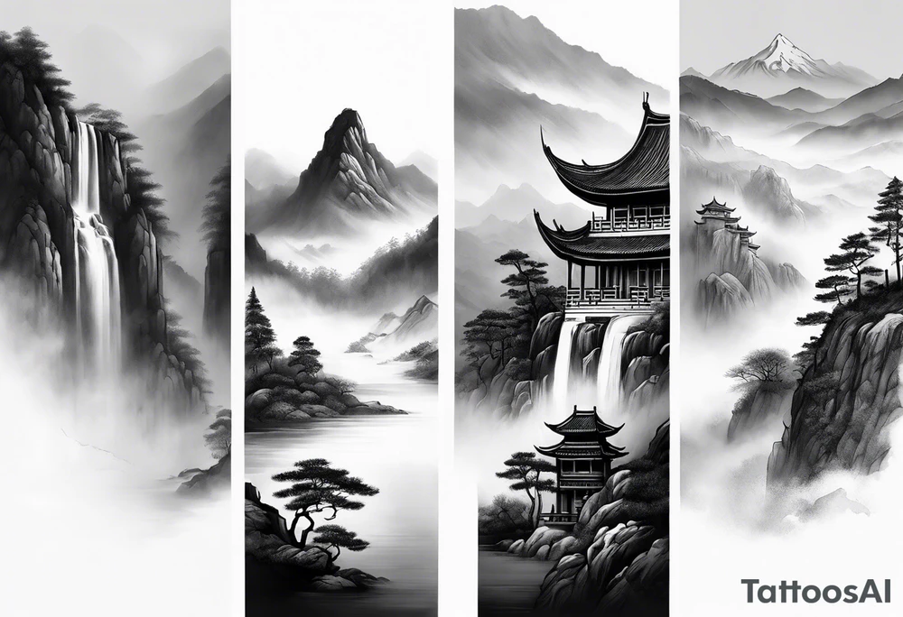 forearm sleeve traditional chinese art painting style mountains mist fog waterfall Chinese temple two figures wearing robes tattoo idea