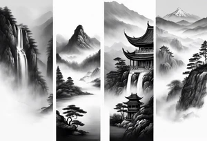 forearm sleeve traditional chinese art painting style mountains mist fog waterfall Chinese temple two figures wearing robes tattoo idea