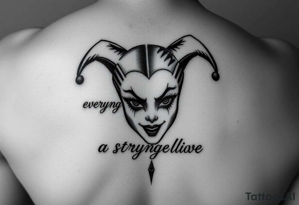 powerful Harley Quinn inspired piece using the quote or based of the idea of the quote “everyone has a stranger inside them” representing madness and genius, light and dark, good and evil tattoo idea