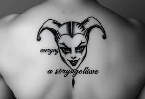 powerful Harley Quinn inspired piece using the quote or based of the idea of the quote “everyone has a stranger inside them” representing madness and genius, light and dark, good and evil tattoo idea