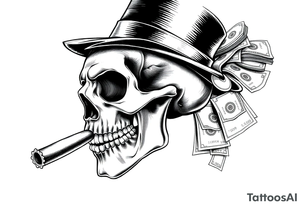 skull with mustache,a big cigar in his mouth,a top-hat on his head and alot of money in a hand. tattoo idea