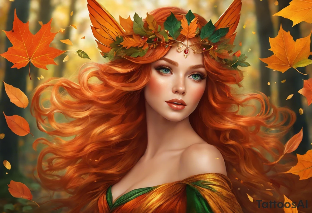 A winged fairy in the middle of a forest during the peak of autumn, twirling in a whirlwind of autumn leaves. The fairy's hair is auburn with copper colors and a crown of gold, orange, and red leaves adorning her head. Her eyes are emerald green with gold flecks, ruby lips and pale skin. Her dress a coppery orange, with leaves scattered on it. The fairly is swirling in a pile of leaves with arms raised overhead, looking at the sky. tattoo idea