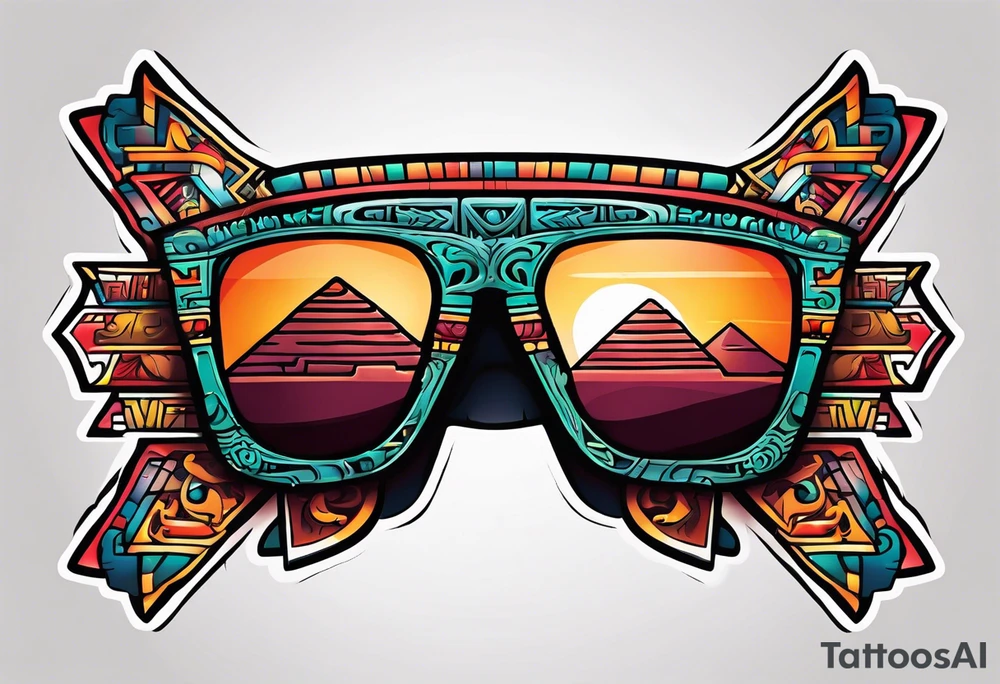 Colorful Mayan hieroglyph with sunglasses tattoo idea