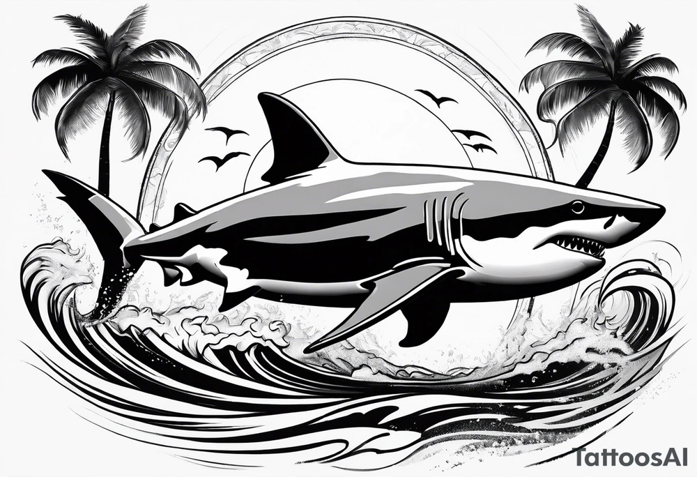 Great white shark, hurricane, palm trees, $ tattoo idea