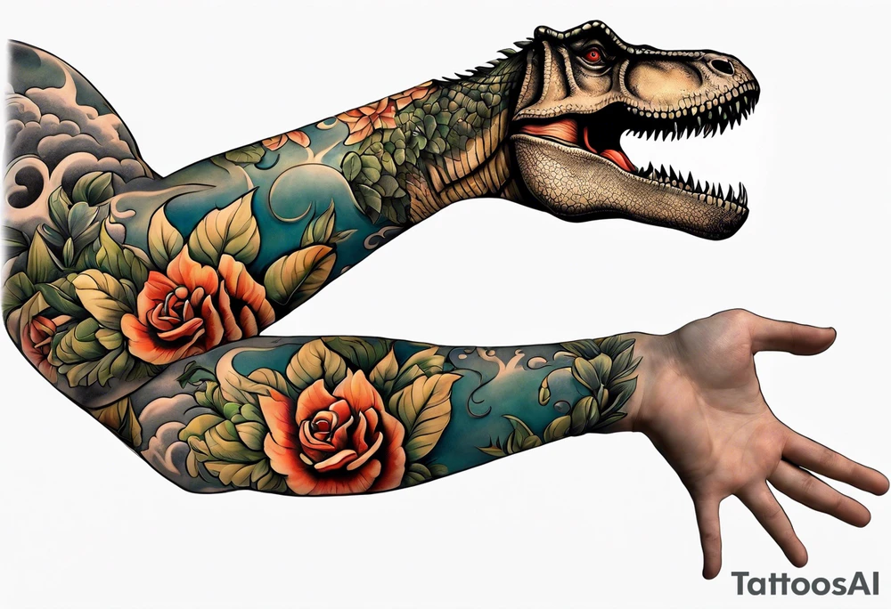 Greek god right arm sleeve with a small t-Rex tattoo idea