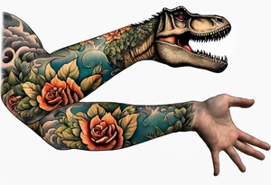 Greek god right arm sleeve with a small t-Rex tattoo idea