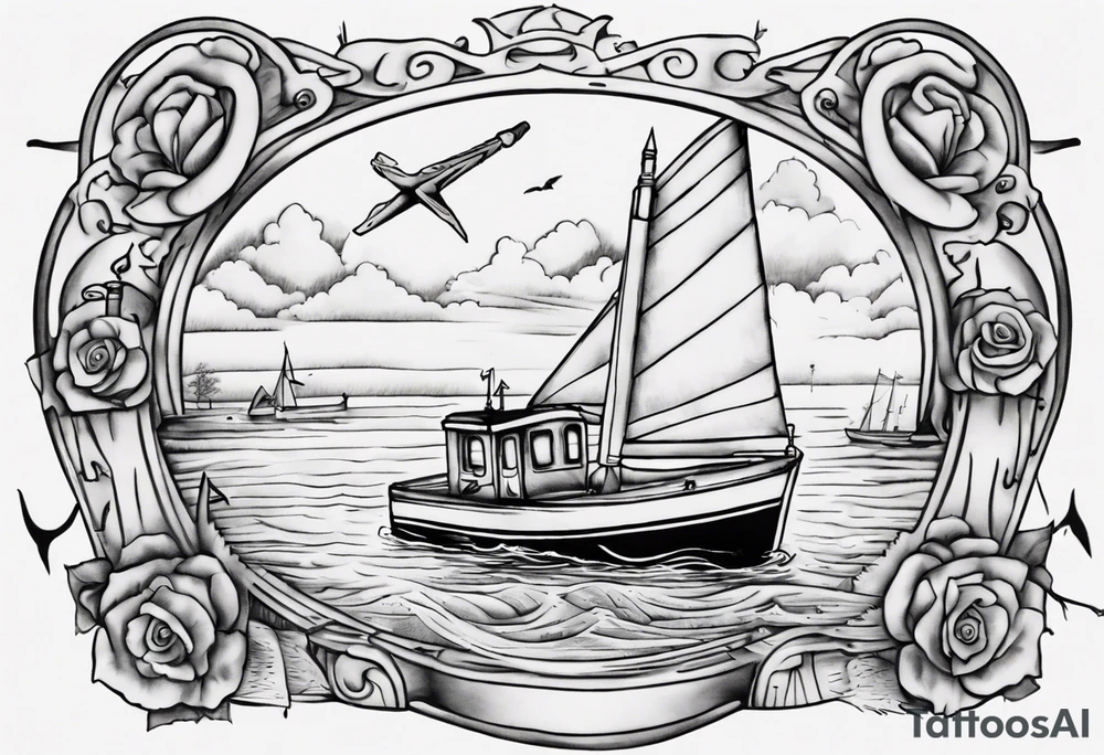 memorial tattoo for my father. include an open boat and motor with dad at the engine and a boy in the front of the boat. try to tie in other hobbies like playing cribbage, woodworking, and watching jeopardy tattoo idea