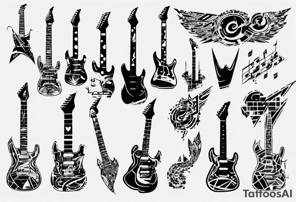 Create a unique tattoo design inspired by my passion for the electric guitar and video games. It could be an abstract representation of musical notes and pixel graphics. tattoo idea
